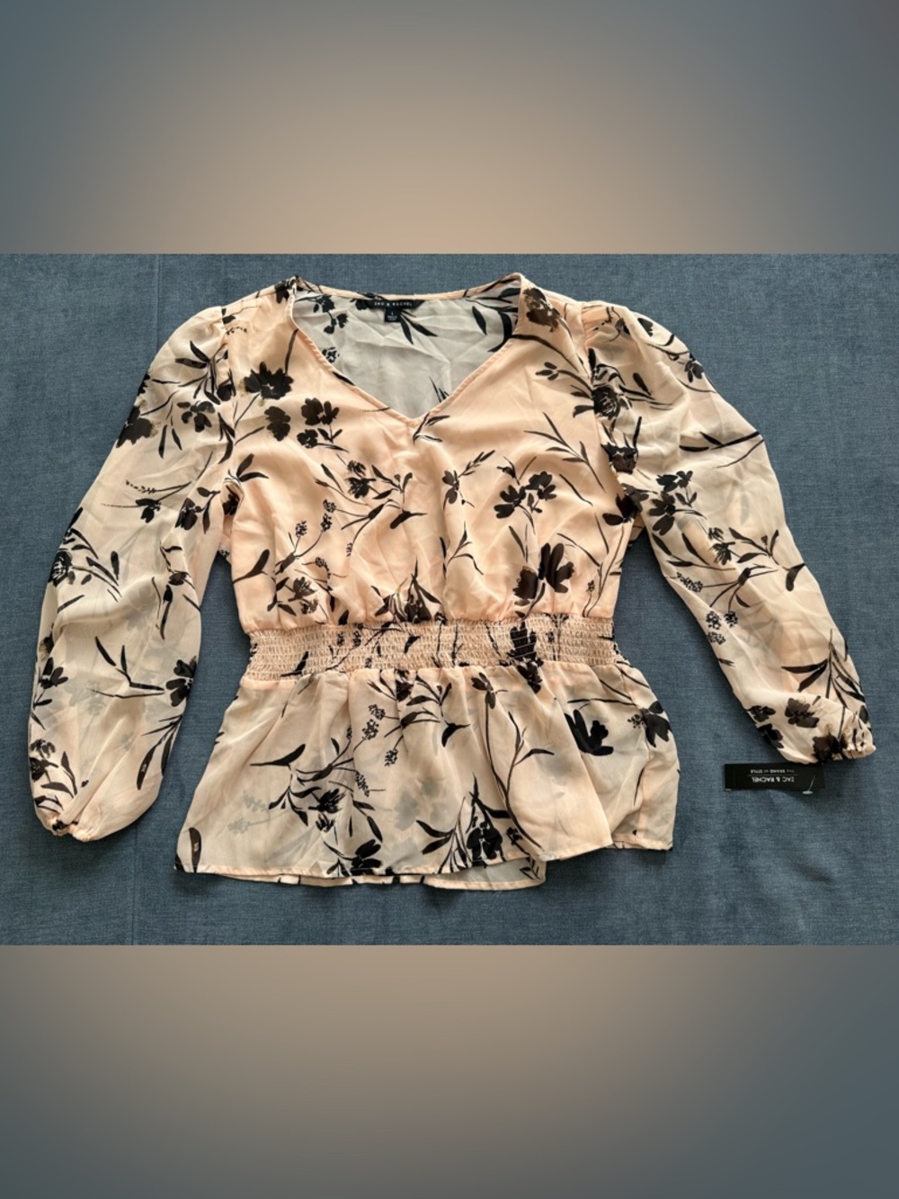 NWT Zac & Rachel Floral Peplum Blouse L Blush Black V-Neck